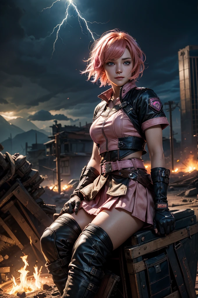 1girl,cowboy shot, beautiful nora_valkyrie, looking at viewer, smile, short hair, blue eyes, heart cutout, gloves, jacket, pink skirt, pink belt, short sleeves, puffy sleeves, single armband, fingerless gloves, short hair, orange hair, pink gloves, dynamic pose, night, lightning, sitting on old bridge, river, post-apocalypse, dystopian future, crowd, (crowd in military uniforms), bonfires, (volumetric lighting), best quality, masterpiece, intricate details, tonemapping, sharp focus, hyper detailed, trending on Artstation,