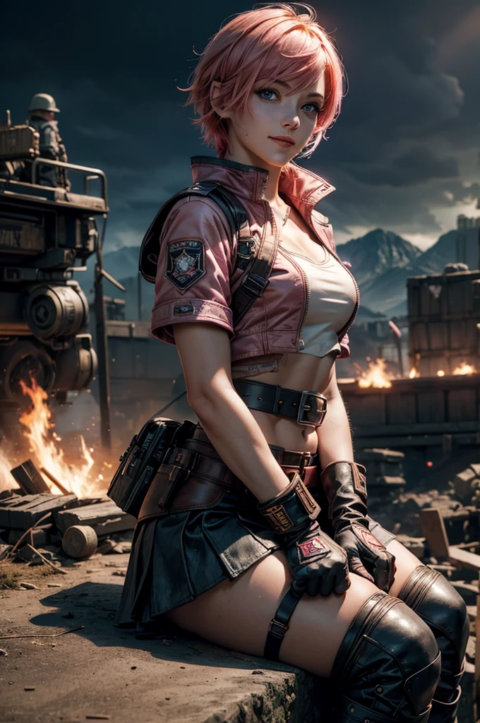 1girl,cowboy shot, beautiful nora_valkyrie, looking at viewer, smile, short hair, blue eyes, heart cutout, gloves, jacket, pink skirt, pink belt, short sleeves, puffy sleeves, single armband, fingerless gloves, short hair, orange hair, pink gloves, dynamic pose, night, lightning, sitting on old bridge, river, post-apocalypse, dystopian future, crowd, (crowd in military uniforms), bonfires, (volumetric lighting), best quality, masterpiece, intricate details, tonemapping, sharp focus, hyper detailed, trending on Artstation,