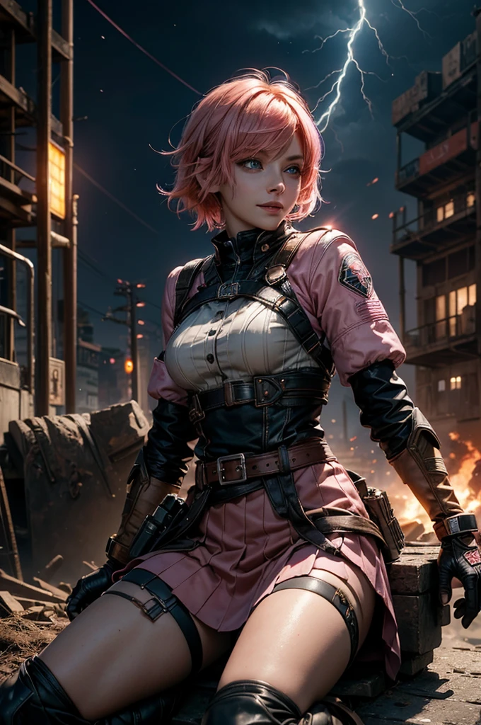 1girl,cowboy shot, beautiful nora_valkyrie, looking at viewer, smile, short hair, blue eyes, heart cutout, gloves, jacket, pink skirt, pink belt, short sleeves, puffy sleeves, single armband, fingerless gloves, short hair, orange hair, pink gloves, dynamic pose, night, lightning, sitting on old bridge, river, post-apocalypse, dystopian future, crowd, (crowd in military uniforms), bonfires, (volumetric lighting), best quality, masterpiece, intricate details, tonemapping, sharp focus, hyper detailed, trending on Artstation,