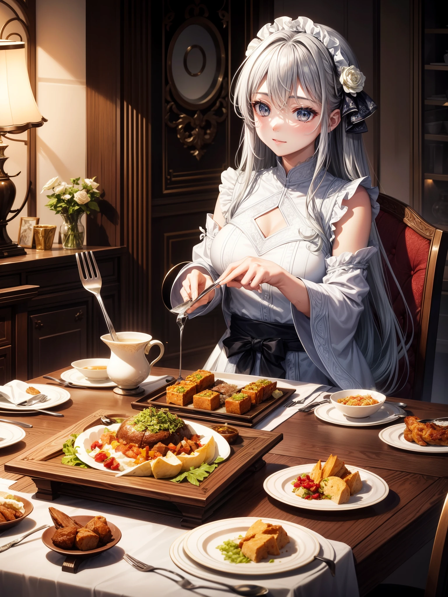 Silver tableware is、Its elegance and brilliance will make your dining table look even more luxurious.。Knives lined up on the table、fork、spoon、And other silverware、It has a beautiful, perfectly polished silver luster.、It creates an atmosphere like an aristocratic dinner.。

The knife is sharp、forkの歯は整然と並び、Its design combines classic beauty with functionality.。Each item is heavy yet well-balanced, fitting comfortably in the hand.、Gives the owner a luxurious and special feeling。

On the surface of silverware、They may also have intricate patterns and decorations.。Flowers and leaves、Those with ivy designs carved into them、Elegantly curved handles、You can feel the craftsmanship and artistry in every detail.。Such decorations are、It is not just a tool, but a work of art.、Enriching your mealtimes。

Another attractive feature of silver tableware is、Its durability and long life。If properly cared for,、generation々It is durable enough to be passed down。For well-used silverware、A deep, time-honored texture is born.、I can feel the history。

食卓に並べられたSilver tableware is、Enhances the beauty of your food。The shine of the silver reflects the color of the food.、It makes gourmet dining even more enjoyable.。Especially by candlelight.、Its brilliance increases、It will envelop your entire dining table in a romantic and fantastical atmosphere.。

When you pick up silverware、The cold, smooth feeling reaches my fingertips.、Gradually it will become warm from the warmth of your hands.。This change in temperature is also、The unique charm of silver tableware。Clean up after every meal、By preserving its beauty、It creates a special bond with its owner.。

Silver tableware is単なる食事の道具を超え、It is a combination of beauty and functionality.。It offers a luxurious moment.、Brings a special spark to your dining table。