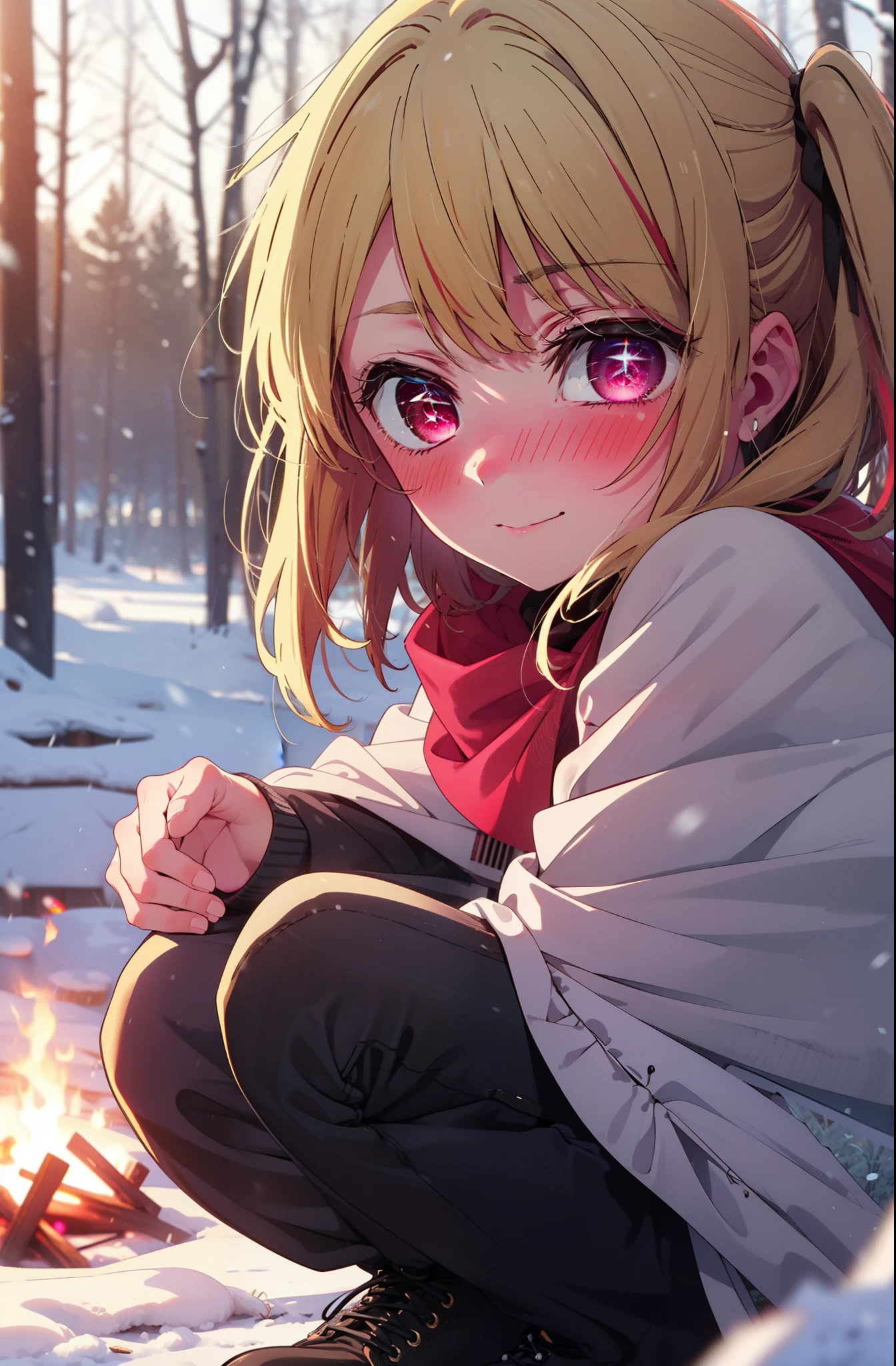 rubyhoshino, Hoshino Ruby, Long Hair, bangs, Blonde Hair, (Pink Eyes:1.3), Side Lock, (Symbol-shaped pupil:1.5), Multicolored Hair, Two-tone hair, smile,,smile,blush,White Breath,
Open your mouth,snow,Ground bonfire, Outdoor, boots, snowing, From the side, wood, suitcase, Cape, Blurred, , forest, White handbag, nature, Squat, Mouth closed, Cape, winter, Written boundary depth, Black shoes, red Cape break looking at viewer, Upper Body, whole body, break Outdoor, forest, nature, break (masterpiece:1.2), highest quality, High resolution, unity 8k wallpaper, (shape:0.8), (Beautiful and beautiful eyes:1.6), Highly detailed face, Perfect lighting, Highly detailed CG, (Perfect hands, Perfect Anatomy),