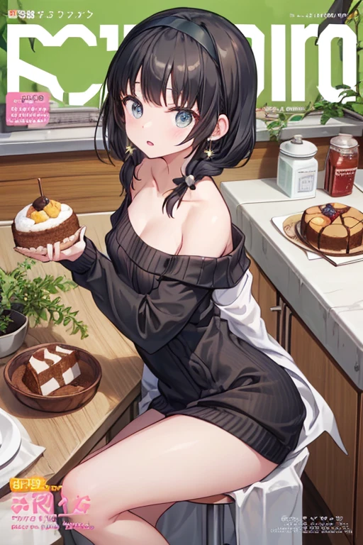 (small breasts:1.3), (perky chest:1.1), (pointed chest:1.0), (Pudding cake magazine cover:1.3),(from above:1.0),(from side:0.9),masterpiece, 1girl, Amazing Cleavage:1.1, thin waist, big ass, Raised sexy, small breast: 1.3, posed cleavage:1.2、solo, looking at viewer, open mouth, have a cute grass of cute beergrass,black hair, dark green eyes, dress, bare shoulders, jewelry, collarbone, sidelocks, hairband, earrings, indoors, off shoulder, :o, sweater, arms behind back, plant, short hair with long locks, gild hairband, off-shoulder dress, sweater dress, off-shoulder sweater, red sweater, dark gord hair, big side hair, very long side hair,is rendered in (masterpiece: 1.2, best quality), with (ultra high resolution) and an exquisite (depth of field). This masterpiece is not only visually stunning but also tells,A scene of cooking in the kitchen by classroom