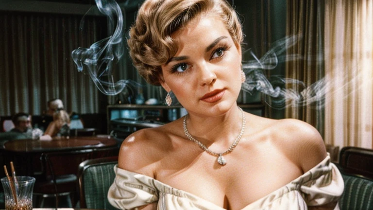 hyperrealistic photo of an attractive woman, looking at viewer, face centered, circa 1950s, smoking cigarette, short hair, old vintage movie scene, grainy film, vintage hollywood film, jewelry, necklace, (off-shoulder white dress), ((huge cleavage)), dim lighting, film grain, movie still, movie screenshot, retro kitchen, round table