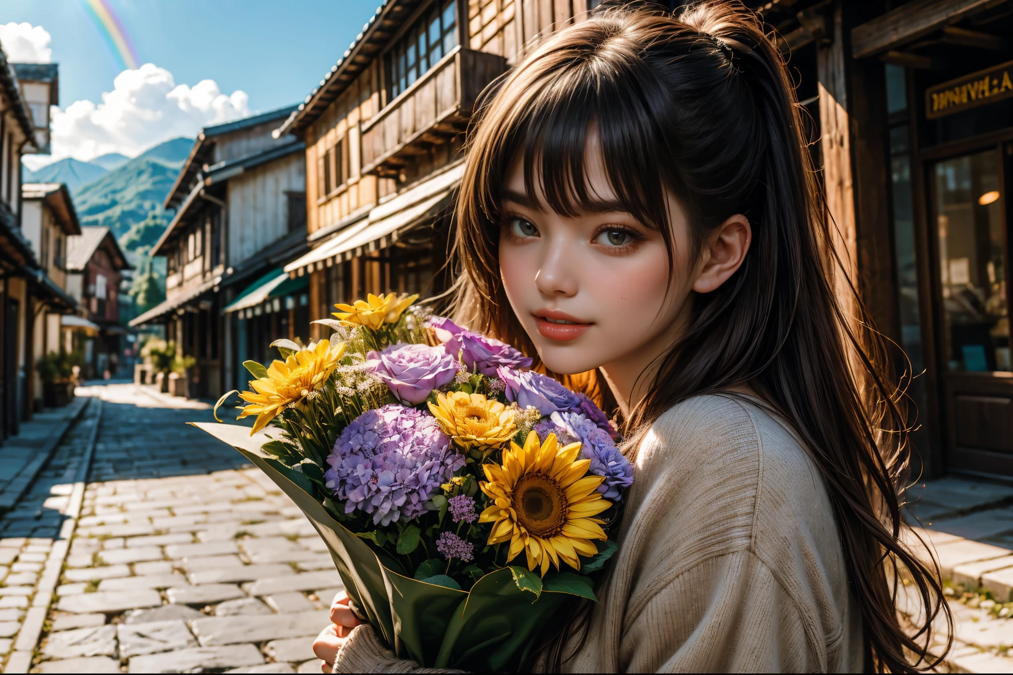 High resolution, high quality, super detailed. A woman is holding a bouquet of flowers. She is young and lively, with medium light brown hair and a very distinctive smile. The background is a gentle hill, a paradise like a bouquet, and above it is a rainbow in the clear sky with sunlight. Everything you see is mesmerizing and very soothing. A rare photo, the perspective of her and the scene is perfect, a perfection that even a professional photographer could only capture once in a lifetime.