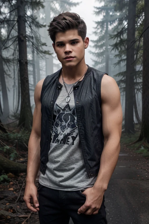 Charlie Carver, Max Carver, Teen Wolf, 18 years old, short messy blonde brown hair, brown eyes, gray tank top, sleeveless dark gray jean jacket with wolf print, dark black jean pants, black combat boots . silver pendant, white wolf print. Forest background with fog aura around black color.