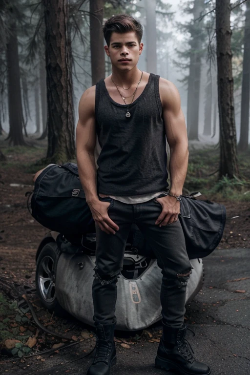 Charlie Carver, Max Carver, Wolf, 18 years old, short messy blonde brown hair, brown eyes, gray tank top, sleeveless dark gray jean jacket with wolf print, dark black jean pants, black combat boots . silver pendant, white wolf print. Forest background with fog aura around black color.
