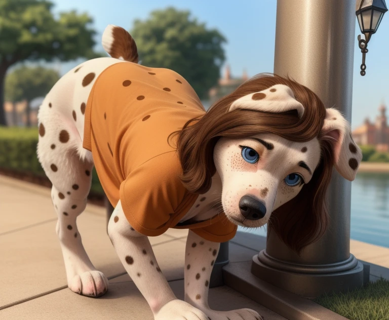 ((Woman wearing a shirt outside on the side walking on hands and knees)), ((walking on all four paws)), ((long dog tail)), ((wider hips)), ((woman reposition herself into dog stand)), ((hands turns into paws)), ((feet turns into paws)), detailed dog fur, ((woman with freckles)), brown freckles,(cute freckles), (small freckles), freckled, freckles!!!, (freckles), elegant freckles, (brown freckles), (with freckles), freckles on chicks, (dark noticeable freckles), (freckled face), (very brown freckles), (a lot of freckles), Lentigines, 30 year old woman, ((freckled nose)), ((freckled chest)), ((dog ears)), (dog fur growing), ((long dog nose)), blue eyes, ((body reshapes into dog body)), ((anthro dog)), a dalmatian dog standing on a sidewalk, by Pixar, photorealism, zoomed out portrait of a duke, high quality character design, disney remake (2021), casually dressed