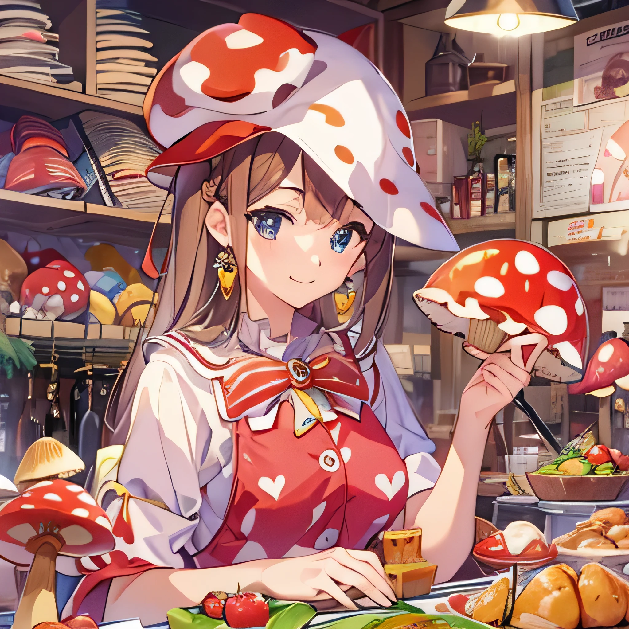 highest quality、 Super quality、 16k、 Very detailed、beautifully、aesthetic:1.2)、Red and white spotted pattern々A pretty 21 year old girl working at the counter of a millinery shop selling stylish hats、Shy smile、Wears a red and white spotted mushroom-shaped hat、Wearing a red and white spotted mushroom-shaped apron