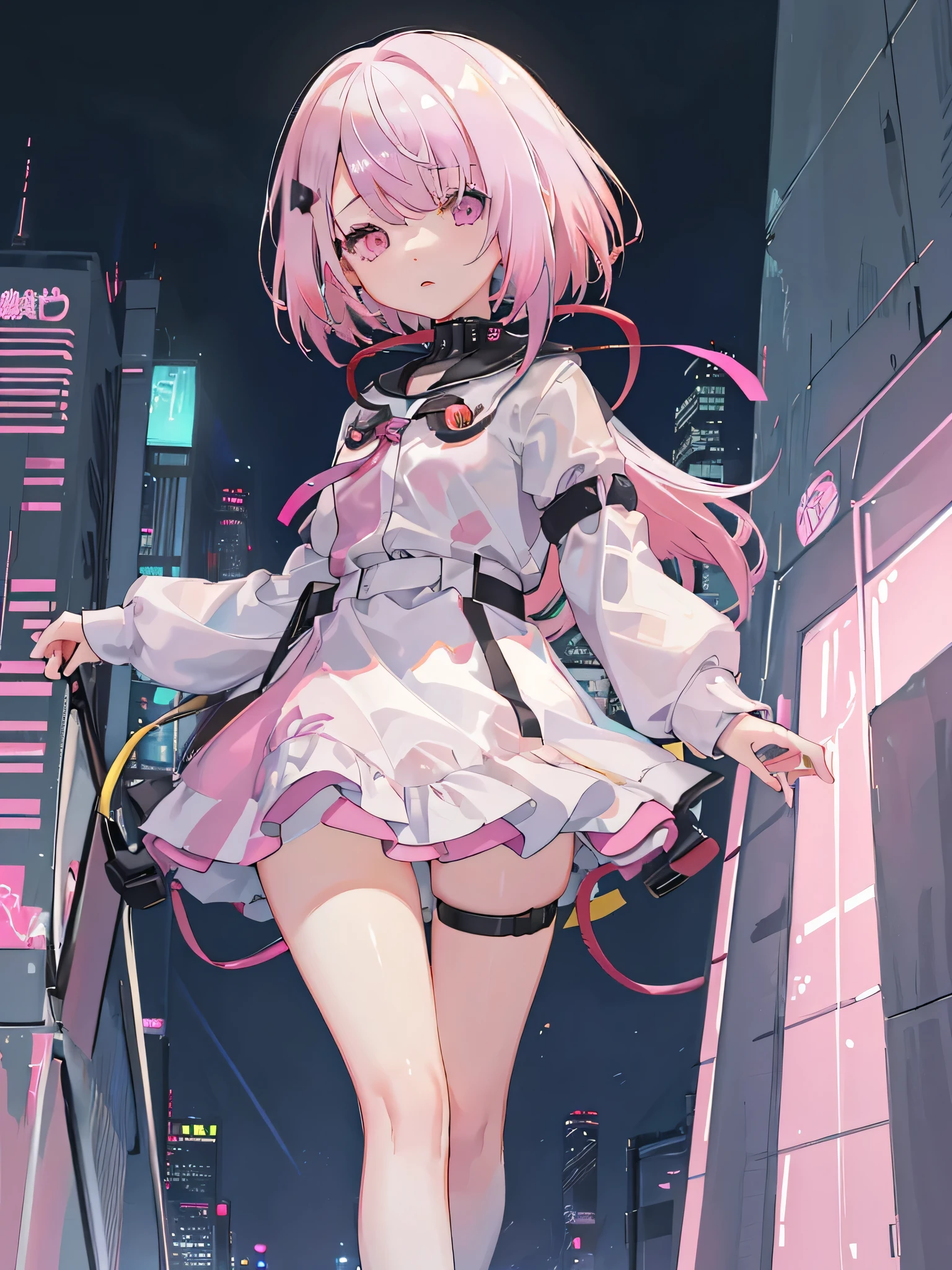 highest quality, masterpiece, Surreal, High resolution, Very detailed, 8k, One Girl, cute, anime, Translucent white skin, Asian Girl, whole body, (junior high school, 10 years old:1.3), , (Her hair color is a delicate and colorful pink.:1.3), One-piece dress with cute ribbon,, mini skirt, (Low Angle:1.2)、(Detailed jade eyes:1.2)、(cyber punk:1.3),Many high-rise buildings in the background、Ultra-detailed futuristic city at night、The neon lights are beautiful