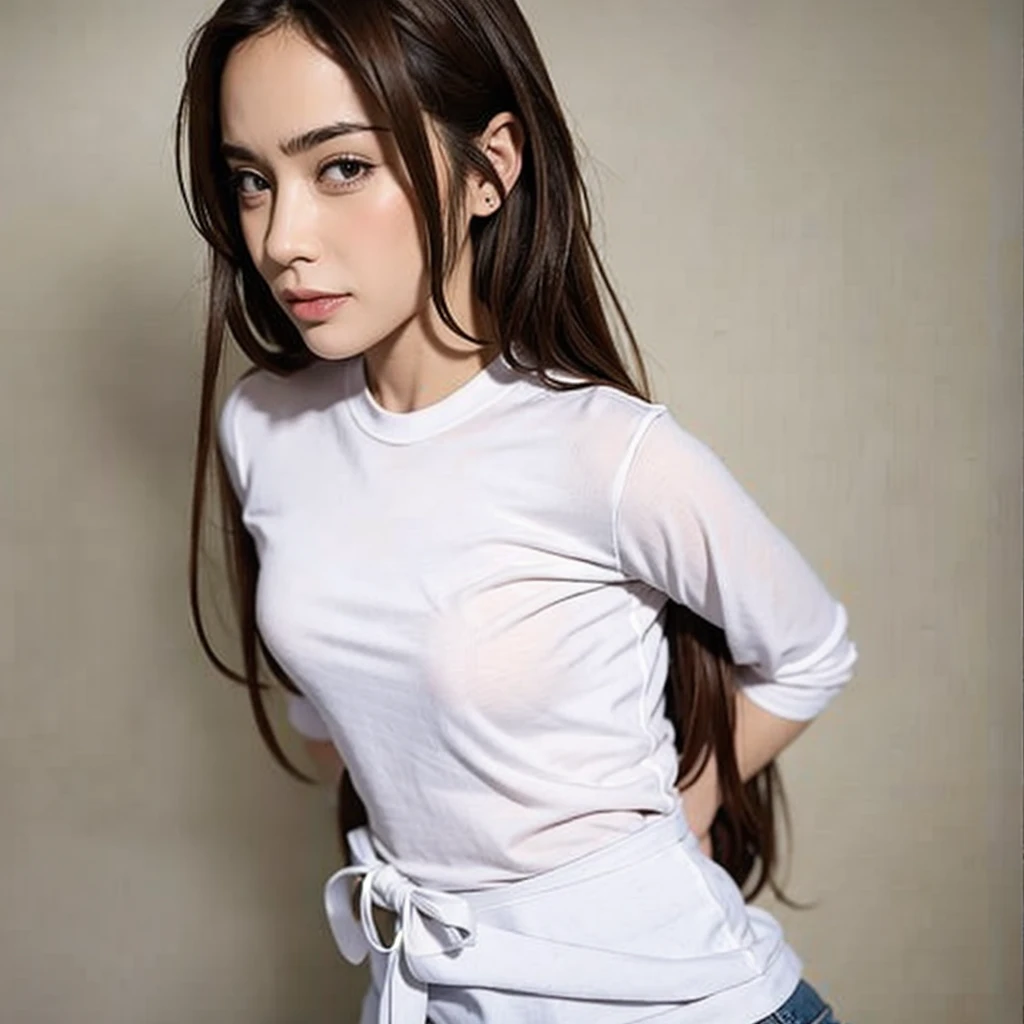 (masterpiece, best quality:1.2), 1girl, solo, tight shirt, simple background, small breasts