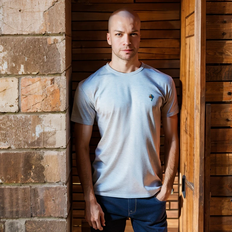 (masterpiece, best quality:1.2), Man, shaved head, standing by a wall, solo