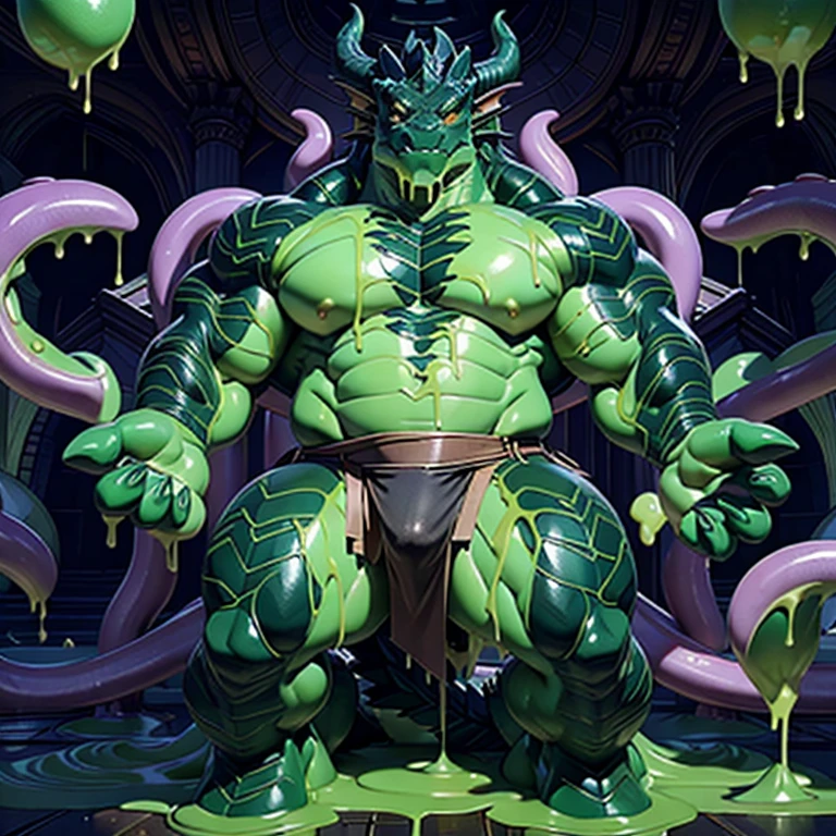 solo, 1boy, violet tattoos, (midnight green skin), (Wears a black loincloth and no clothes), masterpiece, high detailed, 8k, high resolution, nice bulge, (masterpiece, best quality:1.2), alone, (muscular), (half dragon):1.3, (slime demon), slime skin, water like skin, delicate eyes, his trunk is a long tentacle, his trunk is a huge tentacle, Cute animal claws, Fluid spilled all over the body, Air leakage in lower body, Liquid leaking from the lower body, Milk spilled all over the floor, Detailed background, realistically, realistic hand, 8k high dynamic range, dark shadow, wide dynamic range，high dynamic range，emphasize：1.2