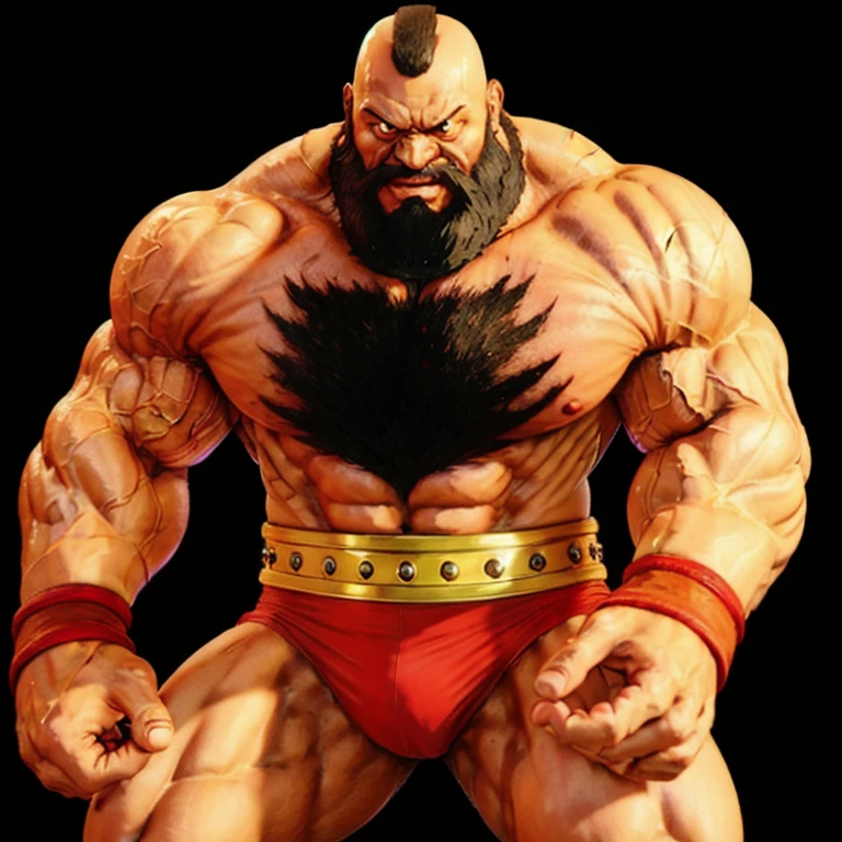 zangief,a man with a beard and a golden belt, fighting game character, street fighter 5,muscled humanoid,heavy looking,buff man,wrestler,Red short briefs,capcom,street fighter,shirtless,muscular male,chest hair,visually weighty,bearded man,mohawk hair,Red Wrestling Boots((best quality)), ((masterpiece)), (detailed), perfect face