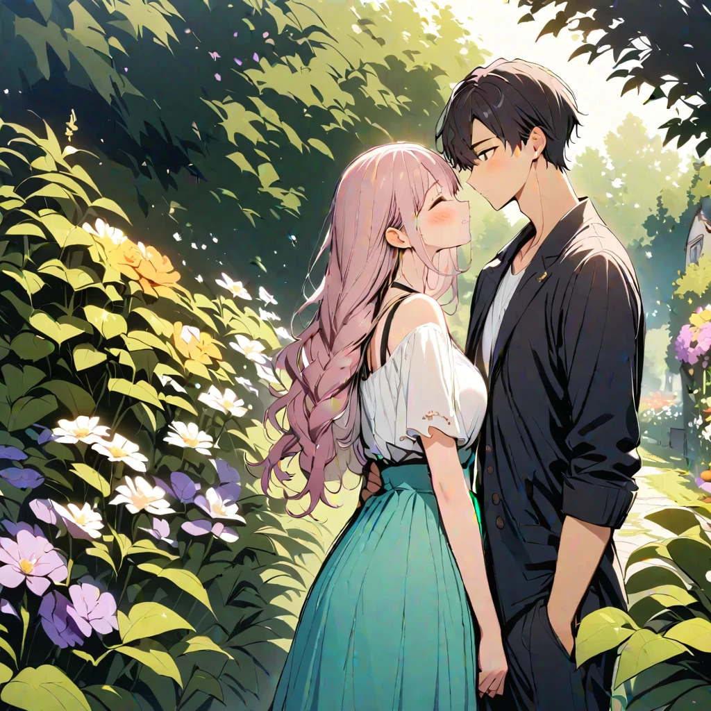 (masterpiece, best quality:1.2),
men and women，Romantic and sweet encounter, Height difference, Light and dark hair colors,  garden, Crisp details, high quality