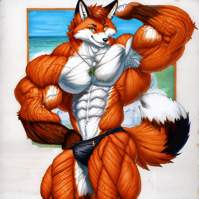 (masterpiece, best quality:1.2), very muscular anthropomorphic fox, solo, full height, shirtless muscle flex, ginger fur