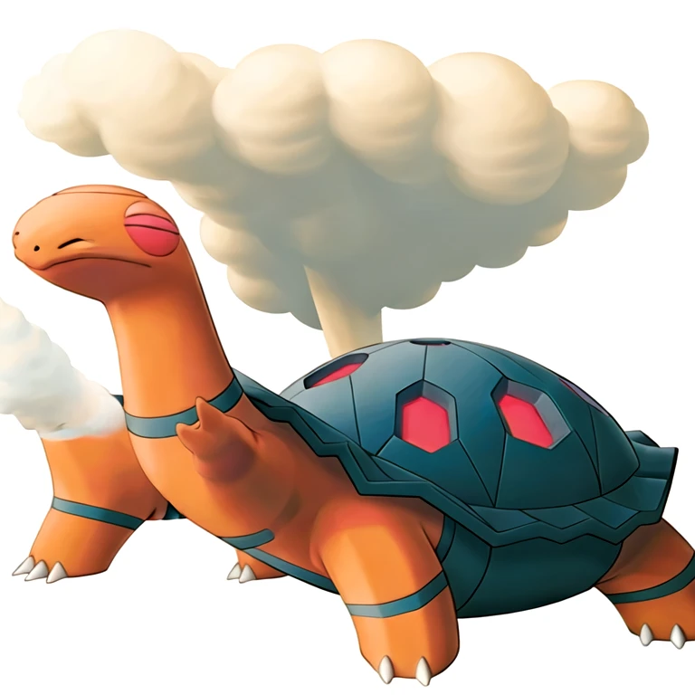 (masterpiece, best quality:1.2),solo,torkoal \(pokemon\),pokemon \(creature\),full body,no humans,happy,steam,closed eyes,turtle, shell