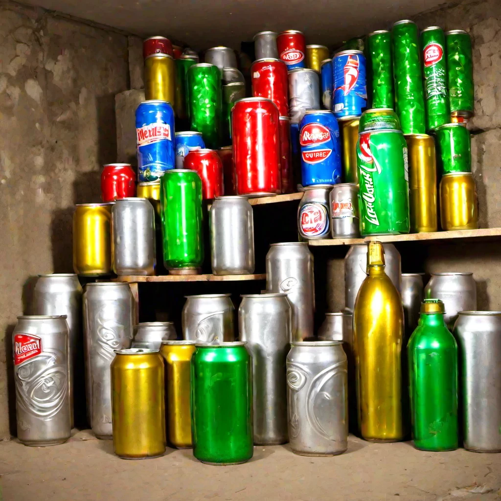 (masterpiece, best quality:1.2), cans, basement, old basement, walls, glass bottle,