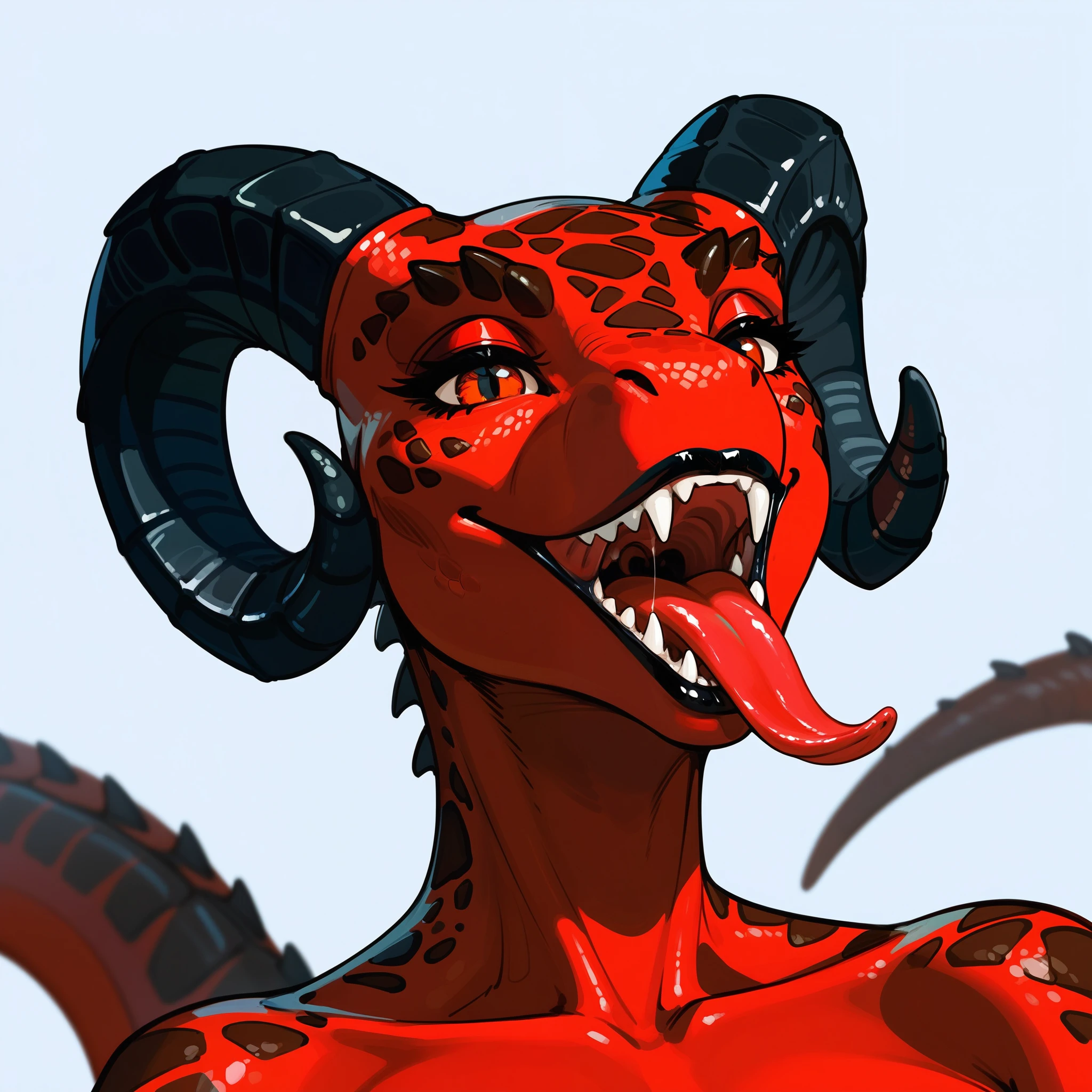 , score_9,score_8_up,score_7_up, kemono style, anthro Argonian female from skyrim, Anthro reptile girl, bald, snout, all red skin, red eyes, black lips, black horns, black ram horns, black lips, pov, pov cunnilingus, pov she is licking viewers vagina, human female viewer, simple grey background 