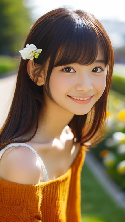 There is a kind face in the middle of the flower、Disney's Worldview、Cute Flowers、Surrounded by a variety of colorful flower fields、Shiny long hair、beautiful、Cute eyes、Cowboy Shot:1.3、