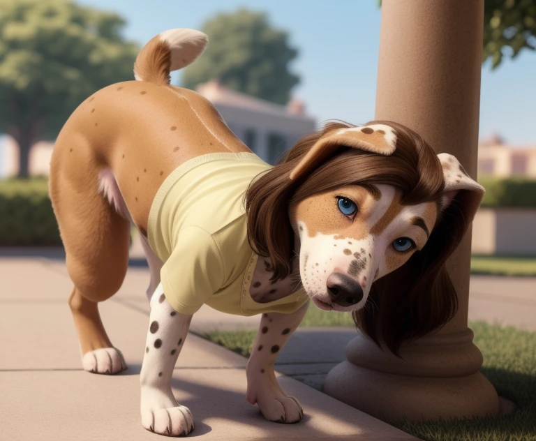 ((Woman wearing a shirt outside on the side walking on hands and knees)), ((walking on all four paws)), ((long dog tail)), ((wider hips)), ((woman reposition herself into dog stand)), ((hands turns into paws)), ((feet turns into paws)), detailed dog fur, ((woman with freckles)), brown freckles,(cute freckles), (small freckles), freckled, freckles!!!, (freckles), elegant freckles, (brown freckles), (with freckles), freckles on chicks, (dark noticeable freckles), (freckled face), (very brown freckles), (a lot of freckles), Lentigines, 30 year old woman, ((freckled nose)), ((freckled chest)), ((dog ears)), (dog fur growing), ((long dog nose)), blue eyes,  ((body reshapes into dog body)), ((anthro dog)), a dalmatian dog standing on a sidewalk, by Pixar, photorealism, zoomed out portrait of a duke, high quality character design, disney remake (2021), casually dressed