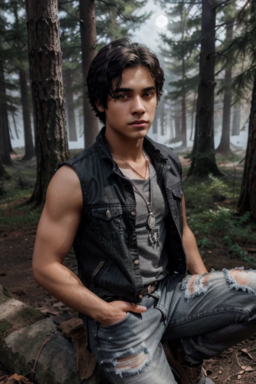 Khylin Rhambo, Mason Hewitt, Teen Wolf, 18 years old, short messy black hair, brown eyes, red t-shirt, sleeveless dark gray jean jacket with moon print, light brown jean pants, black combat boots. silver pendant, white wolf print. Forest background with fog aura around black color.