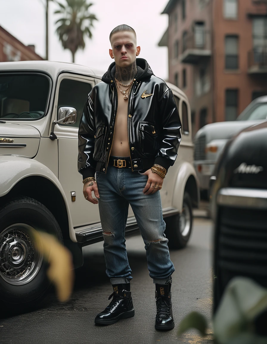 photo, candid cinema photo, 16mm, color graded portra 400 film, remarkable color, ultra textured skin, remarkable detailed pupils, visible skin detail, skin fuzz, dry skin, shot with cinematic camera of an authentic scene of group of burly men with balaclavas gansters aesthetic, full body of a white rapper standing with the driver's door open next to a American SUV or completely black American truck with silver rims, black tinted windows partially lowered while smoke comes out of the interior ,urban setting, cool face, neighborhood gangster, tattooed face, hands are adorned with multiple gold rings and a gold bracelet on his left wrist, wears very textured and baggy dark jeans, partially fallen with a wide, worn black leather belt that reveals checkered boxers in shades of gray bluered, jeans with a loose fit that bunches up around the ankles, partially covering the high-top sneakers, NIke TN sneakers, shiny black and silver Adidas, posture with one hand holding the belt and the other the boxers, depth of field, houses in a neighborhood environment,perfect face, perfect faces,detailed hand, detailed hands, perfect hand, perfect hands, masterpiece face,masterpiece hands, perfect face,ultra textured cloth, super ultra textured materials, highly textured skin, textured clothing, perfect hands, full body, male focus, sharp focus, best quality, masterpiece, 8k, very detailed, detailed eyes, detailed face, fish eye camera, down view dynamic angle, dynamic pose, seductive pose, perspective shot, face focus, muscular, tall, gorgeous, 25 years old, round lips, buzz cut hairstyle, big thick eyebrows, beard, round pectorals, big thighs, wearing a black super shiny rubber varsity jacket:1.7, a shiny black latex sweatshirt with black leather hood, jacket is closed with a zipper and the hood is not used, wears a black leather cap:1.8, gradient background, soft light (cinematic light, volumetric), photo r3al, male, Extremely Realistic,volumetric light, lens flare, bokeh, DSLR,