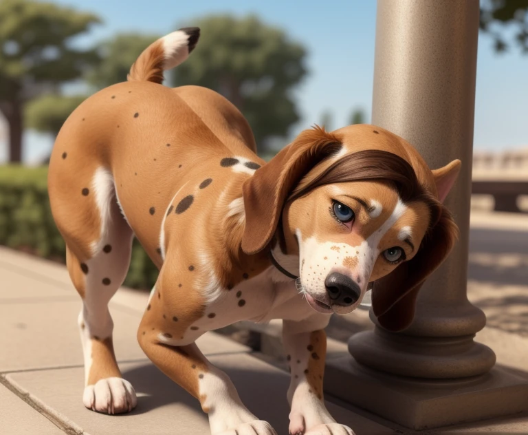 ((Woman naked outside on the side walking on hands and knees)), ((walking on all four paws)), ((long dog tail)), ((wider hips)), ((woman reposition herself into dog stand)), ((hands turns into paws)), ((feet turns into paws)), detailed dog fur, ((woman with freckles)), brown freckles,(cute freckles), (small freckles), freckled, freckles!!!, (freckles), elegant freckles, (brown freckles), (with freckles), freckles on chicks, (dark noticeable freckles), (freckled face), (very brown freckles), (a lot of freckles), Lentigines, 30 year old woman, ((freckled nose)), ((freckled chest)), ((dog ears)), (dog fur growing), ((long dog nose)), blue eyes,  ((body reshapes into dog body)), ((anthro dog)), a dalmatian dog standing on a sidewalk, by Pixar, photorealism, zoomed out portrait of a duke, high quality character design, disney remake (2021), casually dressed