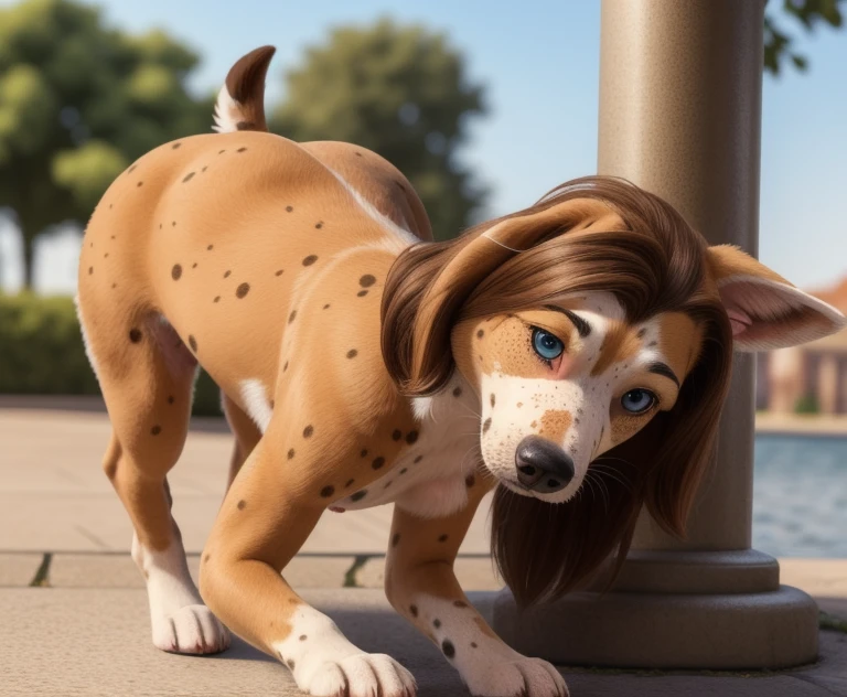 ((Woman naked outside on the side walking on hands and knees)), ((walking on all four paws)), ((long dog tail)), ((wider hips)), ((woman reposition herself into dog stand)), ((hands turns into paws)), ((feet turns into paws)), detailed dog fur, ((woman with freckles)), brown freckles,(cute freckles), (small freckles), freckled, freckles!!!, (freckles), elegant freckles, (brown freckles), (with freckles), freckles on chicks, (dark noticeable freckles), (freckled face), (very brown freckles), (a lot of freckles), Lentigines, 30 year old woman, ((freckled nose)), ((freckled chest)), ((dog ears)), (dog fur growing), ((long dog nose)), blue eyes,  ((body reshapes into dog body)), ((anthro dog)), a dalmatian dog standing on a sidewalk, by Pixar, photorealism, zoomed out portrait of a duke, high quality character design, disney remake (2021), casually dressed