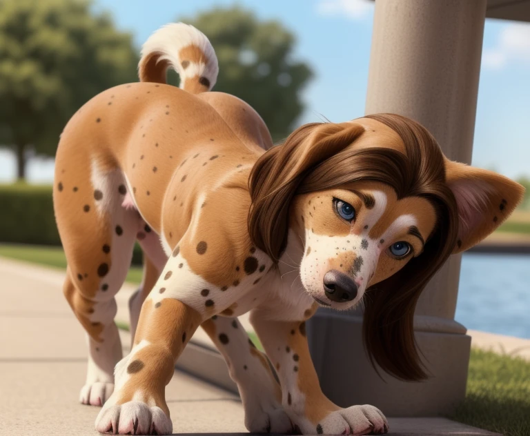 ((Woman naked outside on the side walking on hands and knees)), ((walking on all four paws)), ((long dog tail)), ((wider hips)), ((woman reposition herself into dog stand)), ((hands turns into paws)), ((feet turns into paws)), detailed dog fur, ((woman with freckles)), brown freckles,(cute freckles), (small freckles), freckled, freckles!!!, (freckles), elegant freckles, (brown freckles), (with freckles), freckles on chicks, (dark noticeable freckles), (freckled face), (very brown freckles), (a lot of freckles), Lentigines, 30 year old woman, ((freckled nose)), ((freckled chest)), ((dog ears)), (dog fur growing), ((long dog nose)), blue eyes,  ((body reshapes into dog body)), ((anthro dog)), a dalmatian dog standing on a sidewalk, by Pixar, photorealism, zoomed out portrait of a duke, high quality character design, disney remake (2021), casually dressed