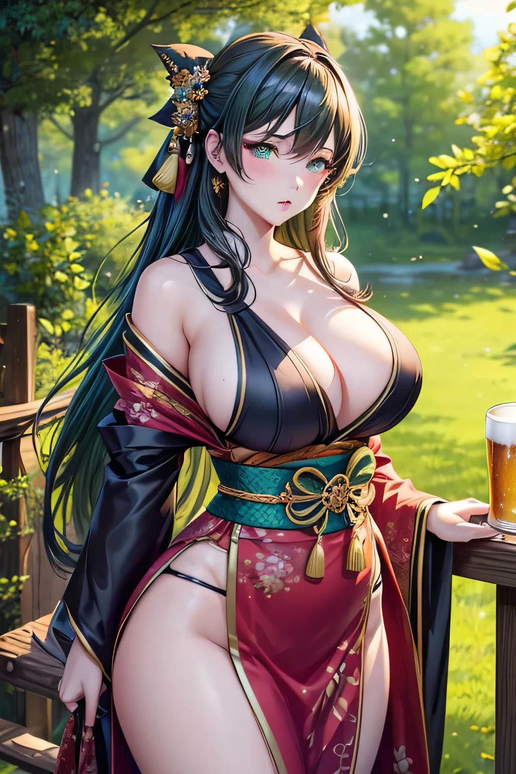 (masterpiece), (best quality), (detailed), Woman with fair complexion, large breasts, curvy body, with long black messy hair, green eyes, wearing a long black kimono, with a white bow at the waist, holding a beer mug, red forest background.
