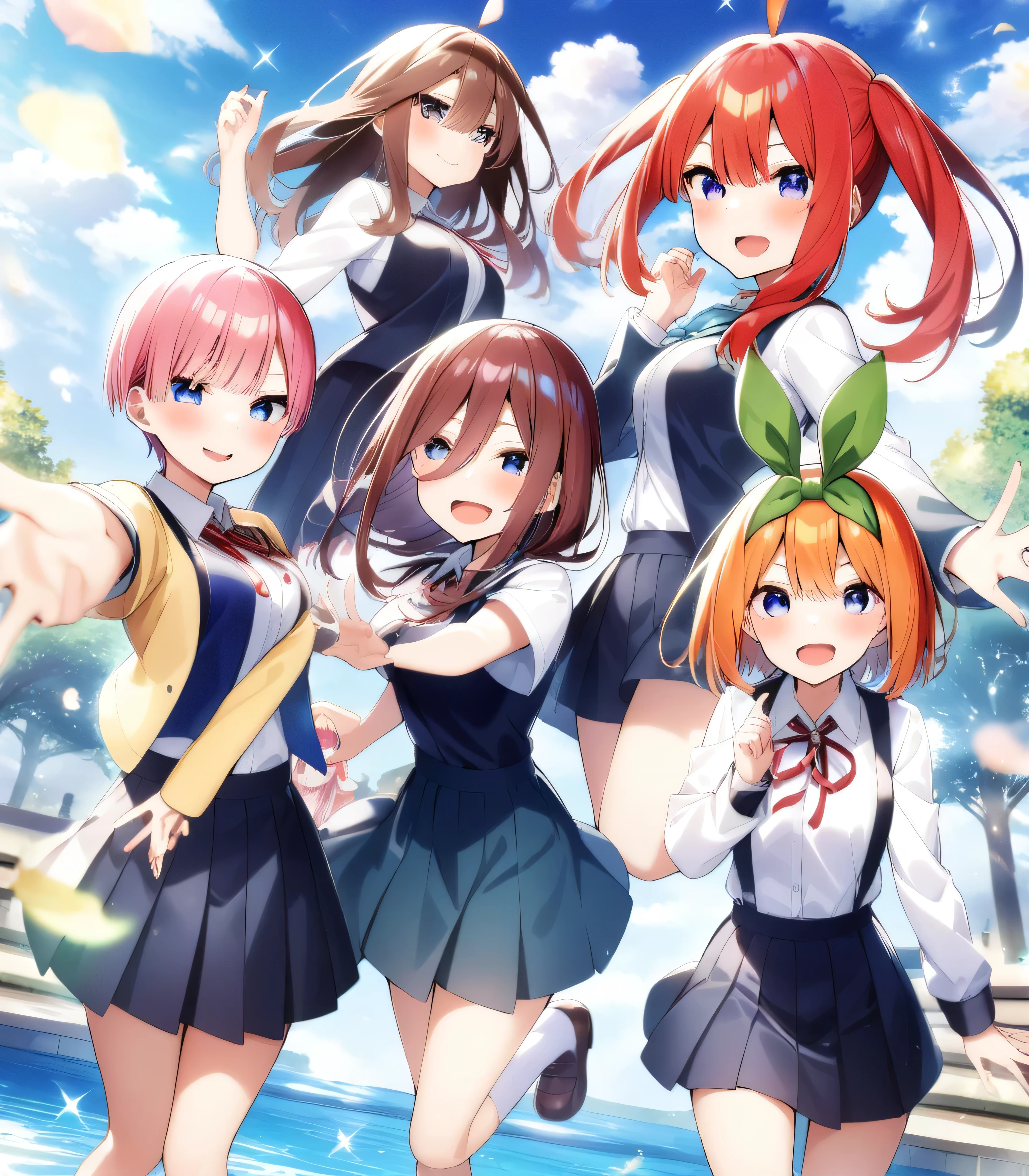 5girls, female focus, Nakano Nino,Nakano Miku,Nakano Ichika,Nakano Yotsuba,Nakano Itsuki,Junior High School,gotoubun no hanayame, very beautiful, best quality, very aesthetic, absurdres