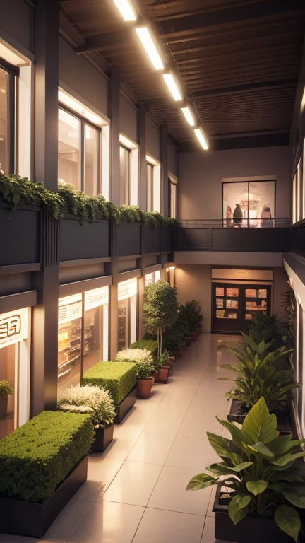 (neighborhood mall),
atmosphere,
garden,
humidified ambient,
humidified atmosphere,
Illumination project,
indirect light,
light traffic,
ornamental vegetation,
seats,
smoth colors,
smoth light,
smoth natural light,
spot light,
two floors,
two storys,
{60 meters width},
{120 meters length},
{cinematic},
{high quality rendering},