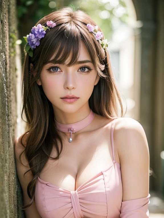 ((highest quality:1.2, 8k, Sharp focus, masterpiece: 1.2, Natural light, Highly detailed CG, beautiful girl:1.2, reality, Detailed facial textures, Realistic Skin, Beautiful Makeup, Octane Rendering, growing up, fine bangs)), (Written boundary depth), smile:1.2, , Cowboy Shot,Brown long hair, ( Pink blouse and Neckband、Large Bust Cleavage ) 、Nice body line、 ( Western walled passage、Hydrangeas blooming along the wall of a gentle slope:1.2、 Dignified )、A shadow in the passage、 Distant blurred background, Depth of written boundary:1.4、and wind, From the side、Avert your gaze from the audience