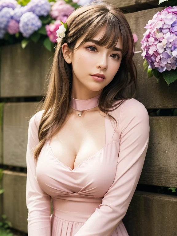 ((highest quality:1.2, 8k, Sharp focus, masterpiece: 1.2, Natural light, Highly detailed CG, beautiful girl:1.2, reality, Detailed facial textures, Realistic Skin, Beautiful Makeup, Octane Rendering, growing up, fine bangs)), (Written boundary depth), smile:1.2, , Cowboy Shot,Brown long hair, ( Pink blouse and Neckband、Large Bust Cleavage ) 、Nice body line、 ( Western walled passage、Hydrangeas blooming along the wall of a gentle slope:1.2、 Dignified )、A shadow in the passage、 Distant blurred background, Depth of written boundary:1.4、and wind, From the side、Avert your gaze from the audience