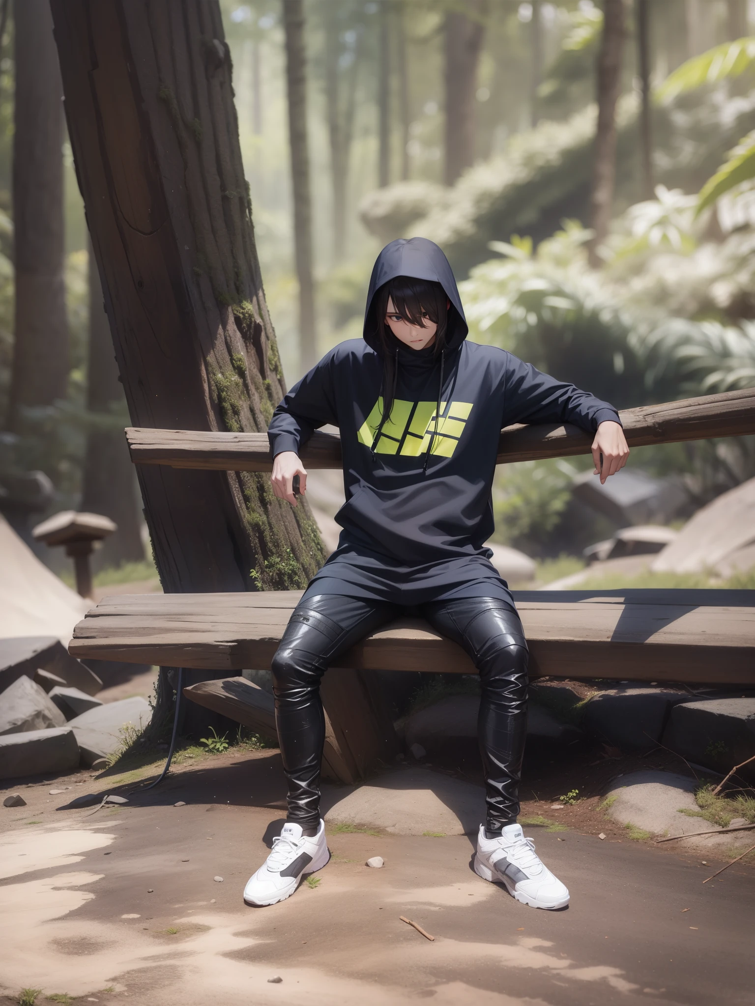 One man, standing in the middle of a tropical forest, black swords shaped like wings.