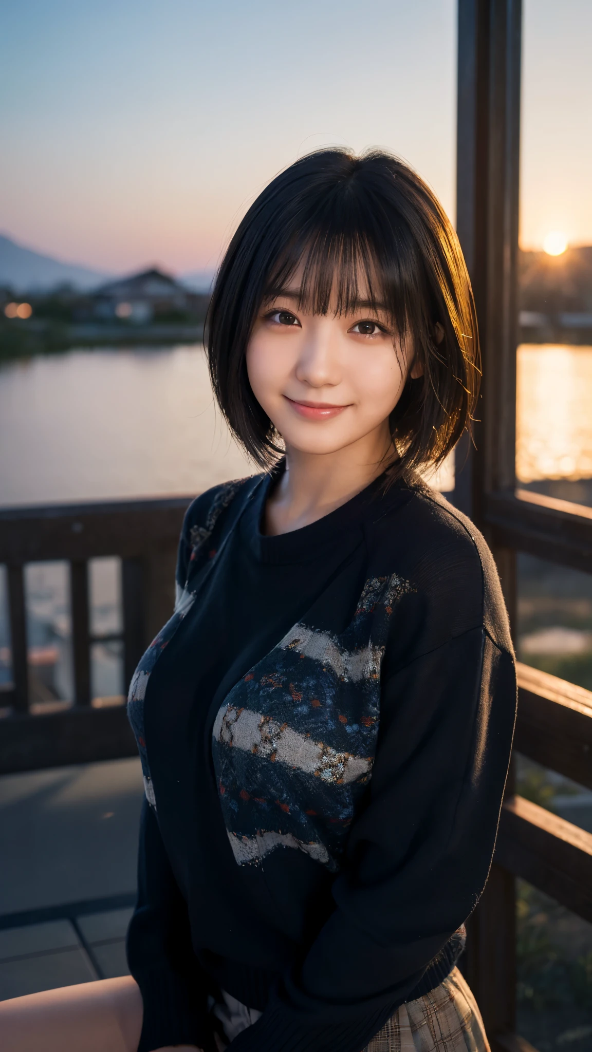 (highest quality,masterpiece:1.3,Ultra-high resolution),(Super detailed,Caustics,8k), (Photorealistic:1.4, RAW shooting),dusk,Sunset sky,Dimly lit classroom,Japanese,20-year-old,smile,Black Hair Middle Hair,Summer Sweater,Big Breasts,Bust up shot,Natural light