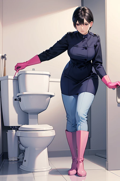 A mature woman with short black hair, wearing a navy blue smock and light blue slacks, cleaning a toilet while wearing large pink gloves and white rubber boots