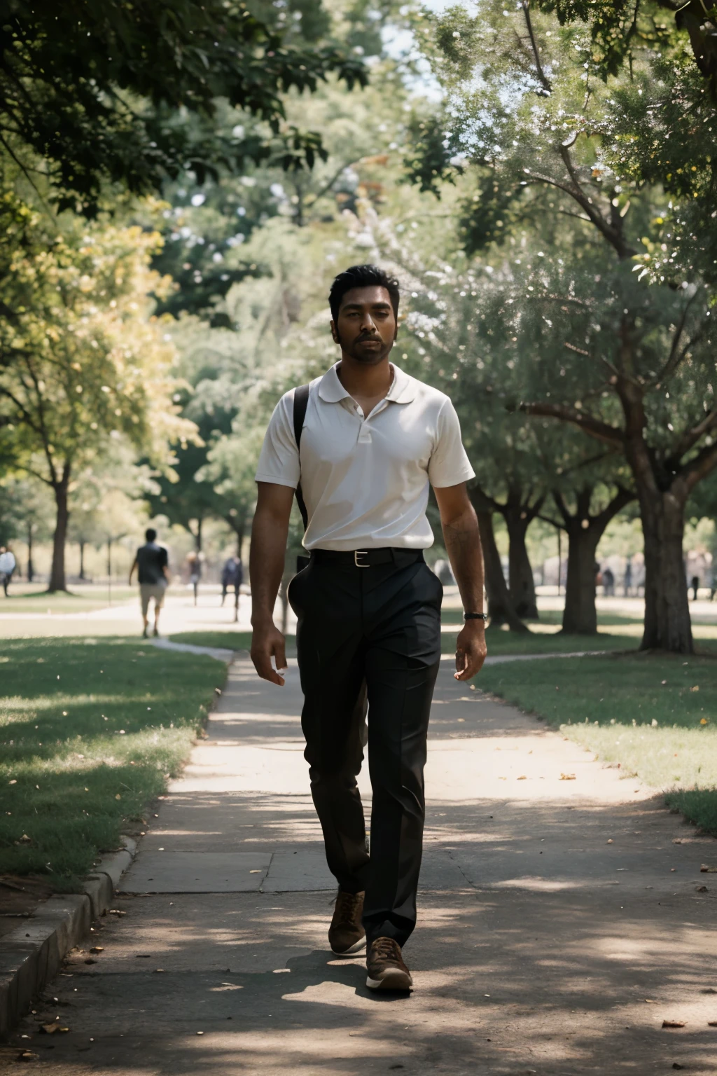 Miguel walks through the park while curiously watching people