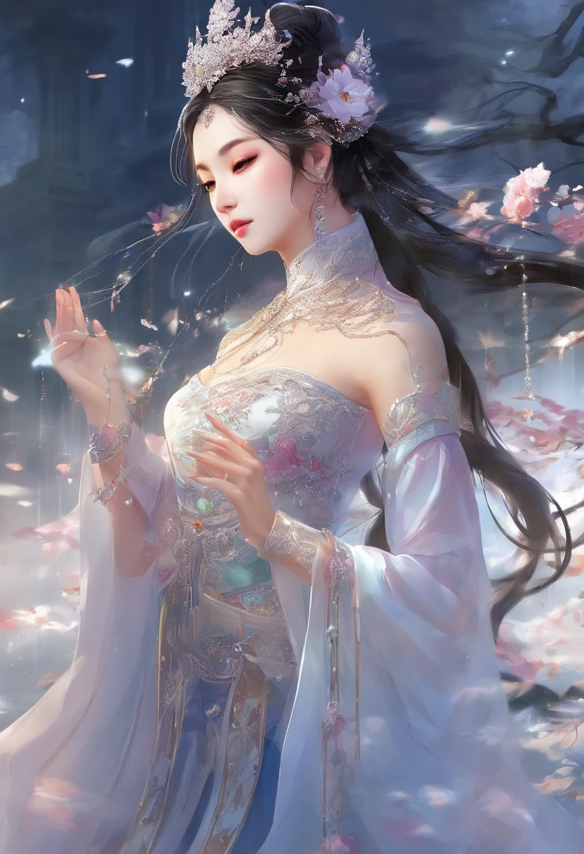 ((Increase details, best quality, masterpiece detail eyes, extreme details), upper body (close range), side view (-1:0), noble, cold, serious, glamorous queen, silver double ponytail long hair, (perfect figure ), Oriental general (Mulan), clothing (ancient Chinese Ming Dynasty long-sleeved shirt), wet body ((drops of water)), face (drops of water), heavy rain (white mist), city wall