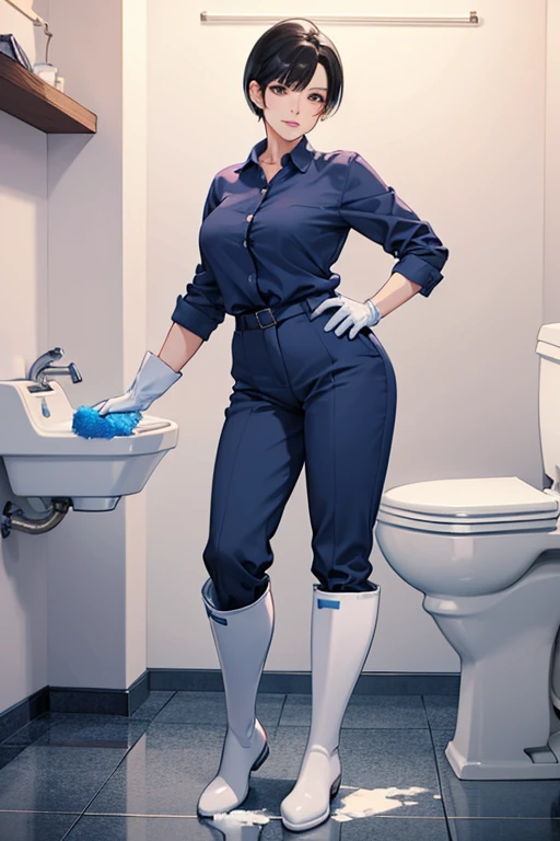 A mature woman with short black hair, wearing a navy blue shirt and light blue slacks, wearing large pink gloves and white rubber boots, cleaning a toilet