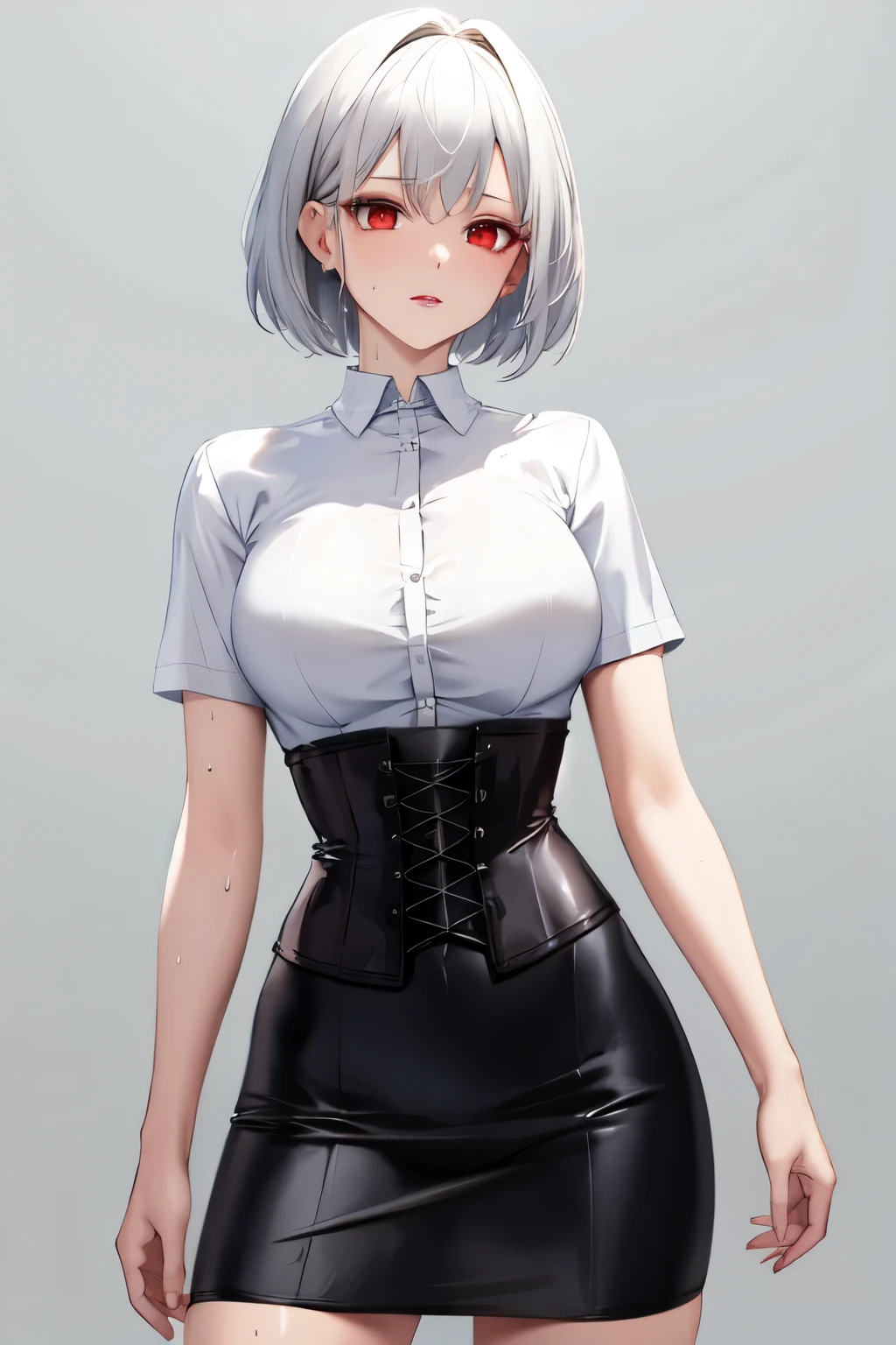 ((best quality)), ((masterpiece)), (detailed), 4K quality，Ultra HD，Perfect face white hair，Red eyes，White shirt，Black corset，Black hip skirt，sweat，Gray background，short hair，Hair intact