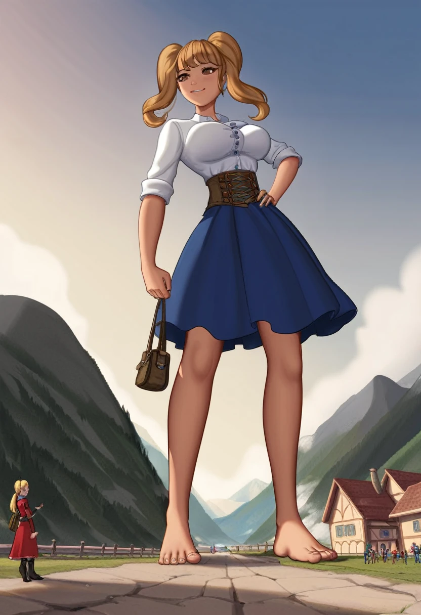 (miniature woman in mountains and hills in front of closeup breasts and face of a giantess: 1.5), closeup breasts and face, (from below view: 1.2), (perfect breasts) cleavage, (tan skin brown twintails with big bangs, big hair, brown eyes, fighter very cute girly clothing revealing breasts and thighs: 1.1), (medieval fantasy: 1.1), nipples, (fantasy outside: 1.1), (very low angle perspective: 1.2), (foot), barefoot, sitting, (tiny army from sky view: 1.1), (tiny army from sky view in front of closeup foot of a giantess: 1.1), (closeup long big foot: 1.4), (anorexic and skinny: 1.2), (stepping on, foot step : 1.1), (2girls: 1.6), (height difference: 1.7), (size difference: 1.6), navel, (thin waist: 1.2), (very cute young short adult girl: 1.2)