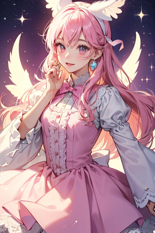 Dresstchi is a white Tamagotchi resembling a dress that floats in the air. The sleeves make up her ears, the lace and bows make up her hair, and the dress ribbons make up her wings. She additionally has a pink clothes hanger on the top of her head and wears a skirt.  SPARKLE; GLITTER