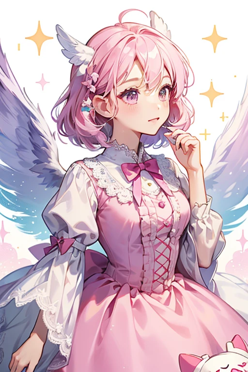 Dresstchi is a white Tamagotchi resembling a dress that floats in the air. The sleeves make up her ears, the lace and bows make up her hair, and the dress ribbons make up her wings. She additionally has a pink clothes hanger on the top of her head and wears a skirt. SPARKLE; GLITTER