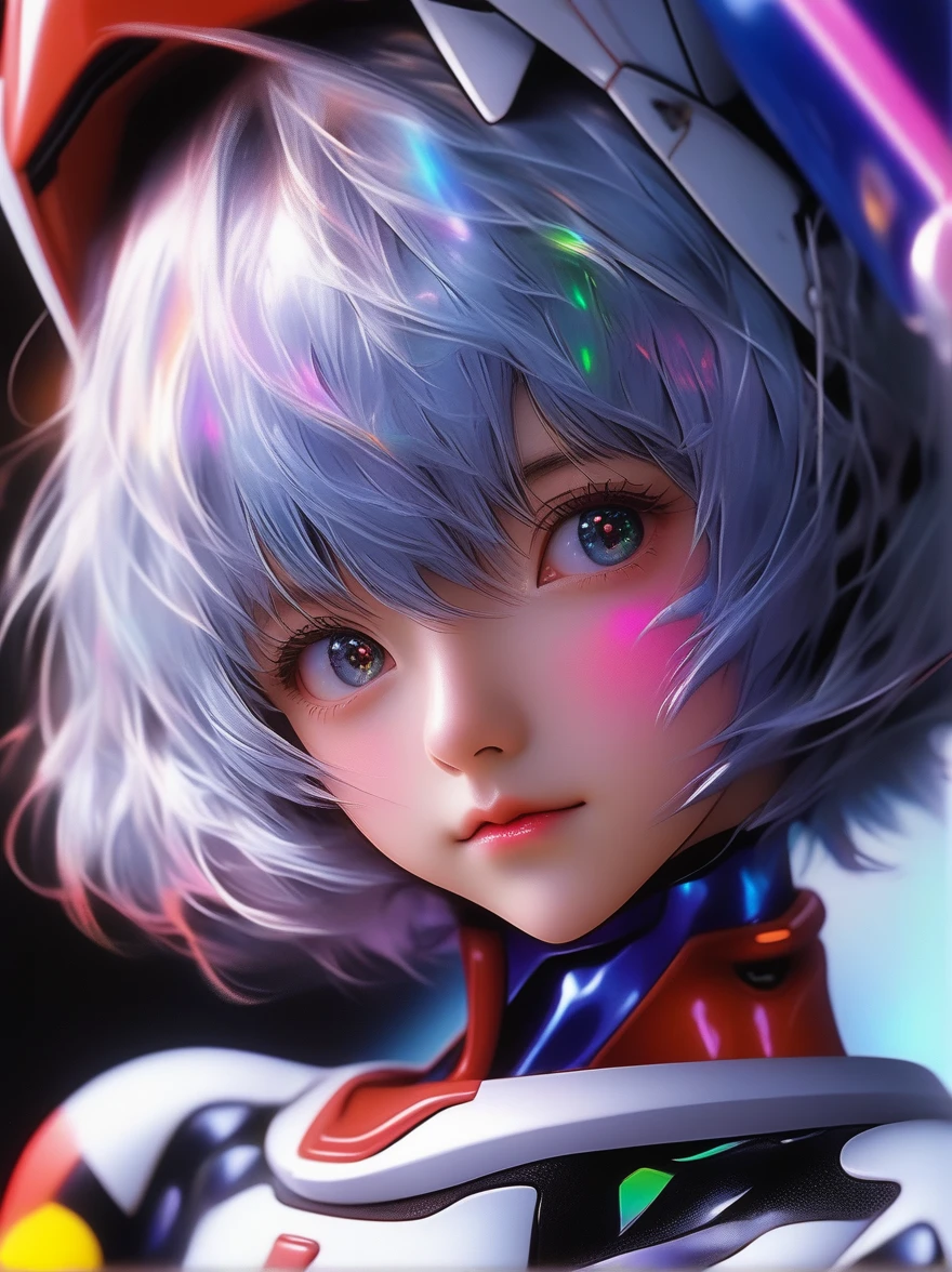 Close-up Real - A live-action version of the 3D character Rei Ayanami wearing a plug suit, Cool expressions of Neon Genesis Evangelion、Shining in rainbow colors。