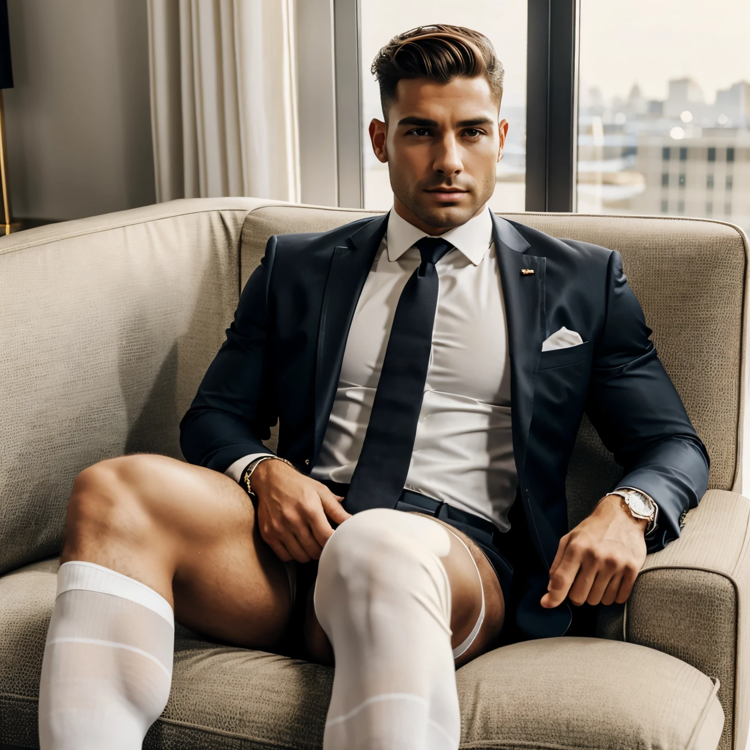 full frame full sun anglo male tan over-muscular bodybuilder french politic Jordan Bardella with short brown undercut hair with big over-inflated bulge wearing dapper black suit, shirt, tie, sheer white socks, laying on beige chaise lounge, showing white sheer socks, luxurious modern stylish living-room in white and gold tones. An older dapper guy serving him a whisky
