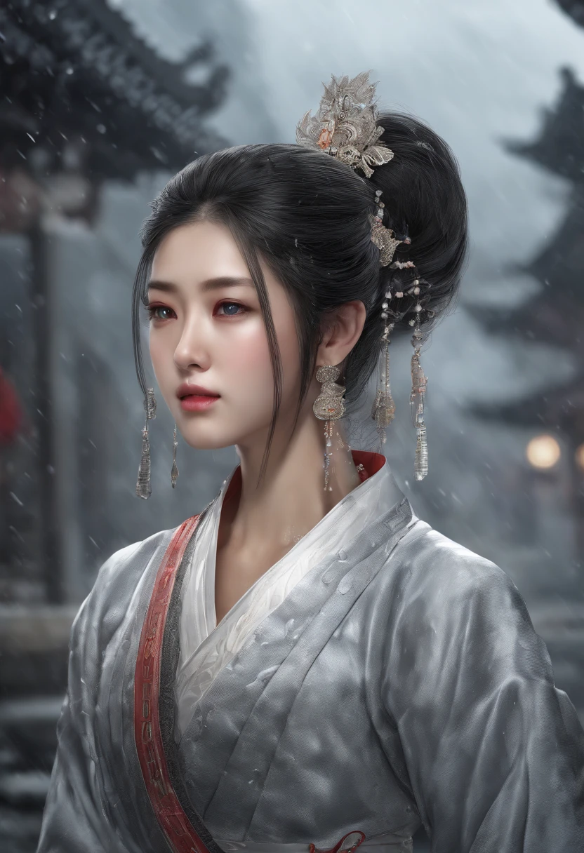 ((Increase details, best quality, masterpiece detail eyes, extreme details), upper body (close range), side view (-1:0), noble, cold, serious, glamorous queen, silver double ponytail long hair, (perfect figure ), Oriental general (Mulan), clothing (ancient Chinese Ming Dynasty long-sleeved shirt), wet body ((drops of water)), face (drops of water), heavy rain (white mist), city wall