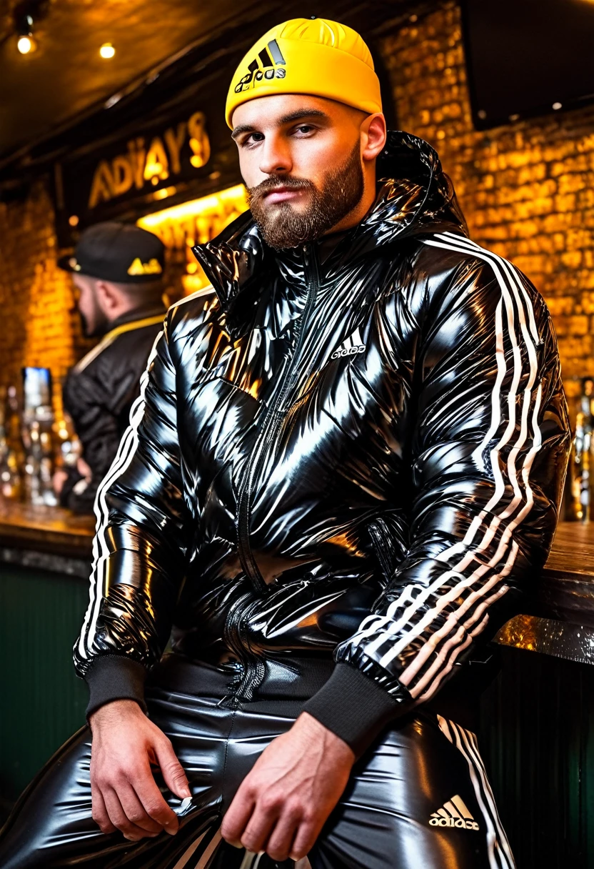 Graffiti urban style, portrait of medium body of two:chav guys handsome 30 year old Chavs, muscular and athletic, inside a bar in London, more scally men in the background, with beard, full yellow leather cap "adidas" in black shiny latex tracksuit, ((low angle)), legs apart, dynamic pose, wearing a super inflated huge shiny black puffer jacket "Adidas", depth of field:1.4, adidas tracksuit, detailed hands, masterpiece face, masterpiece hands, detaled hands, perfect hand, perfect body, perfect realistic, textured clothing, perfect hands, hands without fused fingers