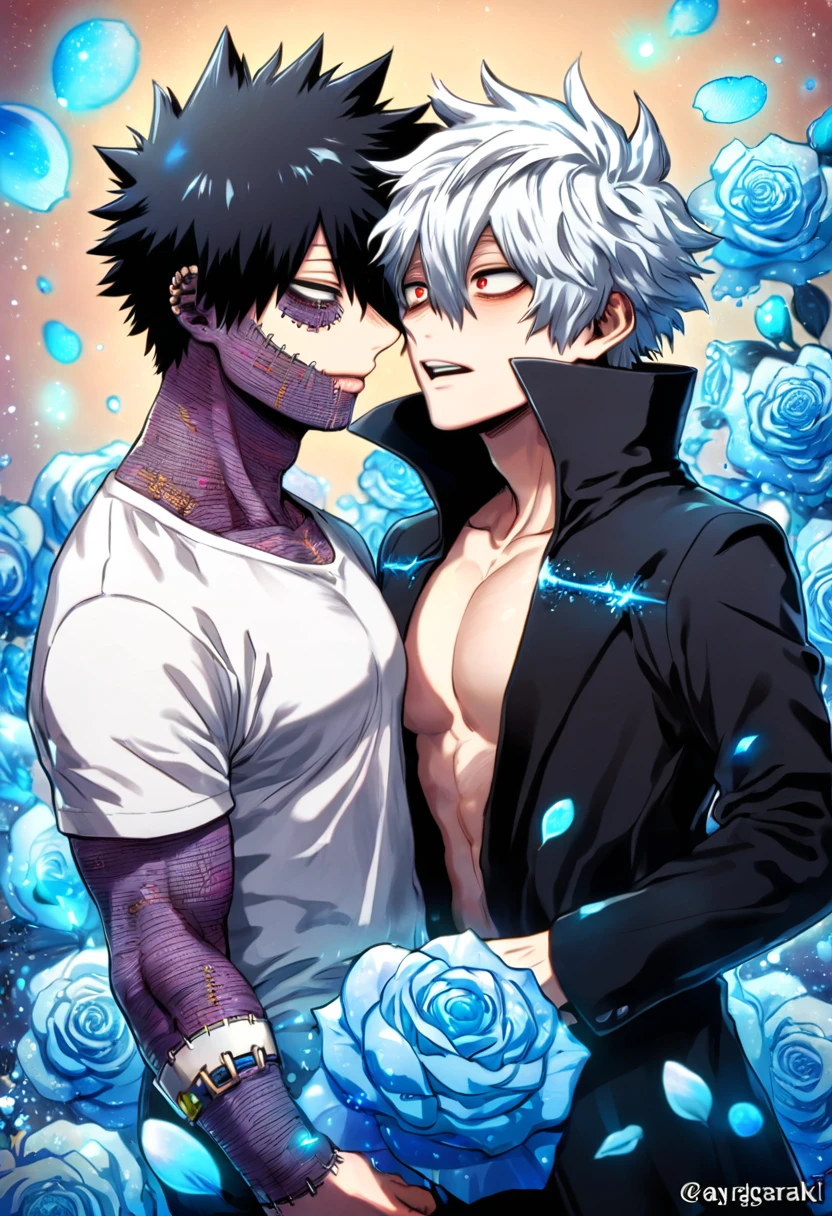 absurdres, highres, ultra detailed, HDR, master piece, best quality, Dabi, black hair spiked around his head, expressive turquoise eyes, Boku no hero academia, Shigaraki Tomura, white hair, expressive red eyes, two sexy men together, gay couple, yaoi, handsome, toned chest, magical, fantasy, black coat with high collar, white shirt, blue flames background, blue roses, shining, blue petals, blue glittering fireflies, blue fire