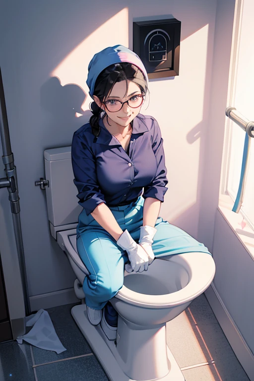 A mature woman with glasses and black hair tied up, wearing a navy blue shirt and light blue slacks, wearing large pink gloves, white rubber boots, a white hood on her head, and a smile, is cleaning the toilet.